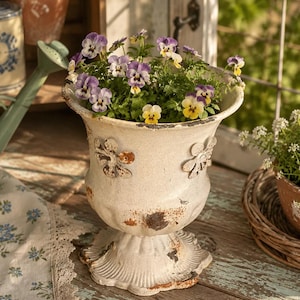 May include: A white metal urn-style planter with a distressed finish and rust-colored accents, featuring embossed flower motifs on the sides and a fluted base. The planter is filled with purple, white, and yellow pansy flowers with green foliage.