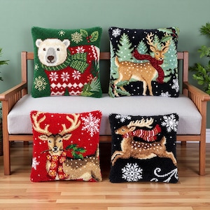 Festive Forest Latch Hook Cushion Kit Bear Tree Antler Leap Rustic Farmhouse Interior Decor
