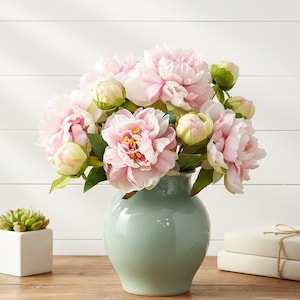 Peut inclure: Un bouquet de pivoines roses dans un vase vert clair. Les fleurs ont de nombreux pétales et des feuilles vertes. Une petite plante succulente dans un pot carré blanc est à gauche.