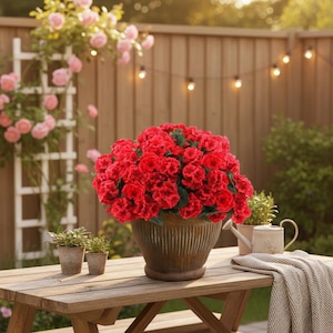 Puede incluir: Una gran maceta con vibrantes flores rojas se encuentra sobre una mesa de picnic de madera. La maceta marrón envejecida es un punto focal. La escena está ambientada al aire libre con una valla de madera, luces de cadena y otras plantas en macetas en el fondo.
