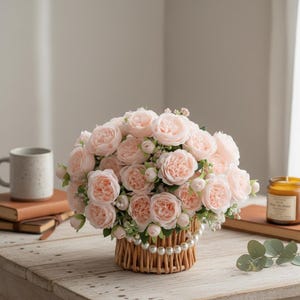 Peut inclure: Un arrangement floral de roses rose clair dans un panier en osier orné de perles. Une tasse en céramique, des livres et une bougie sont également visibles, créant une scène décorative et chaleureuse. Les roses sont le point central.