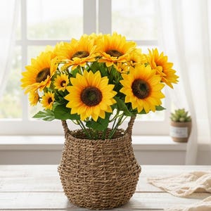 Peut inclure: Un bouquet de tournesols jaunes vifs avec des centres brun foncé et des feuilles vertes, disposé dans un panier en osier marron avec des poignées. Les tournesols sont devant une fenêtre avec des rideaux blancs.