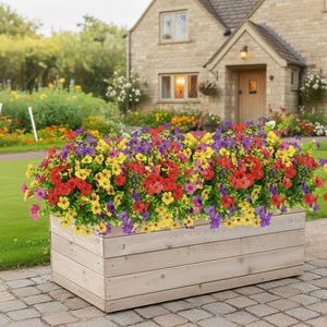 Peut inclure: Un bac en bois rempli de fleurs rouges, jaunes et violettes vibrantes. Le bac rectangulaire est en bois clair et est posé sur un patio en pierre devant une maison.