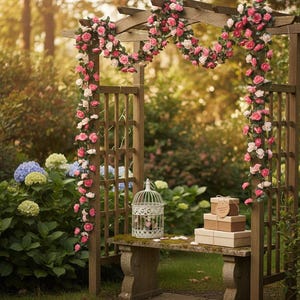 Peut inclure: Une tonnelle en bois ornée de roses roses et blanches. Un banc en pierre accueille une volière blanche et des boîtes cadeaux empilées. La scène se déroule dans un jardin avec une verdure luxuriante et une douce lumière du soleil.
