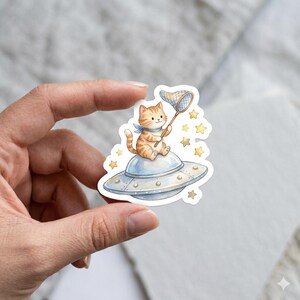 Tiny Cat Ufo Sticker, White Alien Kitty Driving A Spaceship Sticker, Vinyl Waterproof Decor For Laptop Water Bottle Travel Gear