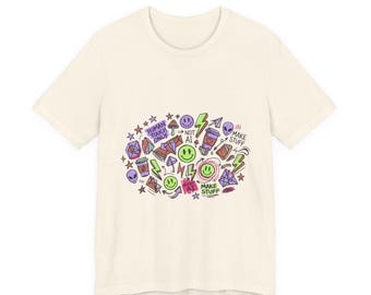 Retro Doodle Smiley Face Tee | Neon Stickers, Lightning Bolts, Skull Icons