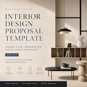 May include: An interior design proposal template with the text "Interior Design Proposal Template" and "Japandi Client Presentation". The image features a modern interior with a black table, wooden shelves, and a decorative lamp. The template includes 16 pages in A4 landscape format.