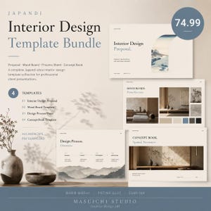 Peut inclure: Un ensemble de modèles de design d'intérieur numériques de style Japandi. Le pack comprend des modèles pour les propositions, les mood boards, les feuilles de processus et les livres de concepts. Le design présente une palette de couleurs neutres et le texte "Interior Design Template Bundle".