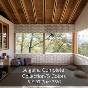 May include: Interior view of a room with a wooden ceiling and large windows overlooking a tree-filled landscape. The walls feature a repeating wave pattern. The text "Seigaiha Complete Collection/5 Colors" is displayed.