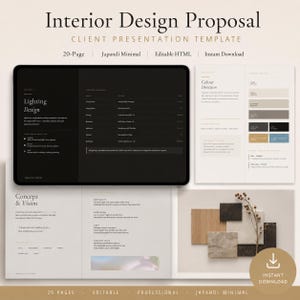 Peut inclure: Un modèle de proposition de design d'intérieur avec le titre "Interior Design Proposal" en haut. Le modèle comprend un écran de tablette avec des détails de conception d'éclairage, une direction de couleur et des sections de concept et de vision. Les mots "Instant Download" sont également visibles.