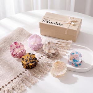 Può includere: Sei fermagli per capelli a forma di conchiglia in vari colori, tra cui rosa, marrone, beige e blu, ognuno con una piccola perla bianca. I fermagli sono disposti vicino a una scatola regalo beige con il nome Charlotte stampato sul coperchio.