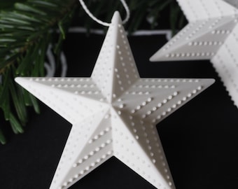 May include: White star-shaped Christmas ornaments with a textured surface and small, raised dots. The ornaments are hanging from white strings and are set against a dark background with green pine needles. These decorations are perfect for the holiday season.
