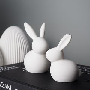 Può includere: Due statuette di coniglietti in ceramica bianca con lunghe orecchie e corpi arrotondati. I coniglietti sono posizionati su una superficie nera, con un oggetto decorativo bianco a forma di uovo strutturato sullo sfondo. I coniglietti sono un oggetto decorativo.