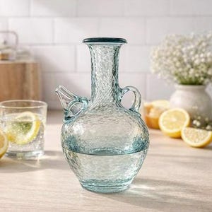 1.5L Traditional Lebanese Glass Water Jug/Ibrik | Textured Aqua Carafe | Rustic Kitchen & Table Decor