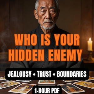 May include: An elderly person with gray hair and a beard wearing a black robe sits behind a table with tarot cards. The text reads WHO IS YOUR HIDDEN ENEMY, JEALOUSY • TRUST • BOUNDARIES, and 1-HOUR PDF. A lit candle stands on the right side.