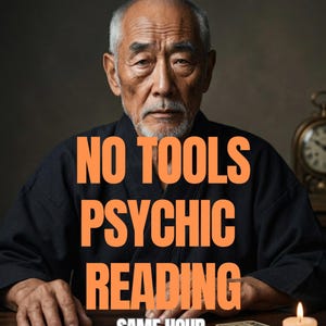 May include: An older Asian man in a black shirt with the words "NO TOOLS PSYCHIC READING SAME HOUR" in orange. Tarot cards are on the table, with a lit candle and a clock in the background.