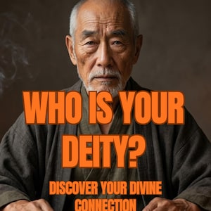 Peut inclure: Une personne âgée aux cheveux et à la barbe gris portant une robe gris foncé. Le texte indique : WHO IS YOUR DEITY? DISCOVER YOUR DIVINE CONNECTION. PERSONALIZED • SAME HOUR DELIVERY. La personne regarde devant avec une expression neutre.
