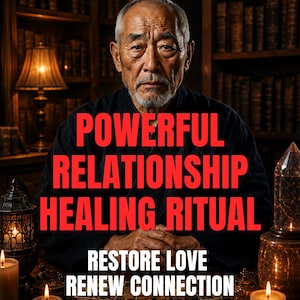 Op de afbeelding: Een ouder persoon met grijs haar en een baard in zwarte kleding, achter een tafel met brandende kaarsen en tarotkaarten. De tekst luidt POWERFUL RELATIONSHIP HEALING RITUAL, RESTORE LOVE, RENEW CONNECTION in rood en wit.