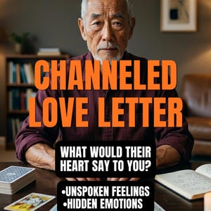 Peut inclure: Une personne âgée aux cheveux gris et à la barbe est assise à une table avec des cartes de tarot et un carnet. Le texte superposé indique : CHANNELED LOVE LETTER, WHAT WOULD THEIR HEART SAY TO YOU?, UNSPOKEN FEELINGS, HIDDEN EMOTIONS, THEIR MESSAGE.