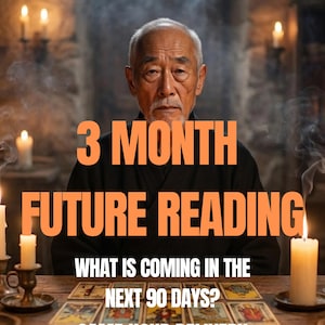 May include: An elderly person with gray hair wearing a black robe sits behind a wooden table with tarot cards arranged in rows. Lit candles are placed on the table. The text reads 3 MONTH FUTURE READING WHAT IS COMING IN THE NEXT 90 DAYS? SAME HOUR DELIVERY.