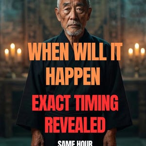 May include: An older Asian man in a black robe is centered in the image. The text "WHEN WILL IT HAPPEN EXACT TIMING REVEALED SAME HOUR DELIVERY" is overlaid in orange and red. The background is blurred with lit candles.