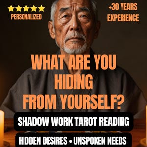 Peut inclure: Une personne âgée aux cheveux et à la barbe gris portant une robe gris foncé. Le texte indique : PERSONALIZED, +30 YEARS EXPERIENCE, WHAT ARE YOU HIDING FROM YOURSELF?, SHADOW WORK TAROT READING, HIDDEN DESIRES, UNSPOKEN NEEDS, SELF-AWARENESS. Cinq étoiles jaunes.