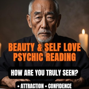 Könnte beinhalten: Eine ältere Person mit grauem Haar und Bart in einem schwarzen Gewand. Der Text lautet: BEAUTY & SELF LOVE PSYCHIC READING, HOW ARE YOU TRULY SEEN?, ATTRACTION, CONFIDENCE, ENERGY, SELF IMAGE. Tarotkarten sind auf dem Tisch im Vordergrund ausgelegt.