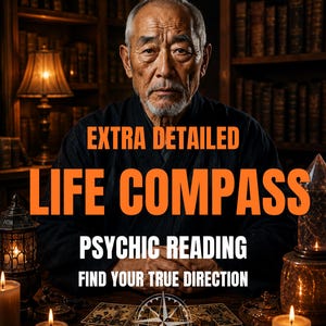 May include: An older individual with gray hair and a beard wearing a black garment, positioned behind a table with lit candles, a lantern, and tarot cards. Text reads: EXTRA DETAILED LIFE COMPASS PSYCHIC READING FIND YOUR TRUE DIRECTION.