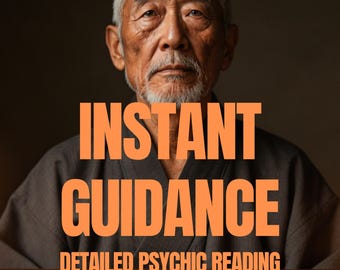 May include: An elderly Asian man with a serious expression is centered in the image. Bold orange text reads "INSTANT GUIDANCE" and "DETAILED PSYCHIC READING". Tarot cards are on a wooden table, with the text "SAME HOUR" below.