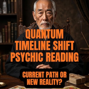 May include: An older person with grey hair and a beard wearing a black robe sits at a wooden desk with tarot cards. The text reads QUANTUM TIMELINE SHIFT PSYCHIC READING and CURRENT PATH OR NEW REALITY? A bookshelf and incense are visible in the background.