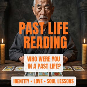 May include: An elderly person with gray hair and a beard wearing a dark gray robe sits at a wooden table with tarot cards. Text reads: PAST LIFE READING, WHO WERE YOU IN A PAST LIFE?, IDENTITY • LOVE • SOUL LESSONS. Two lit candles flank the cards.
