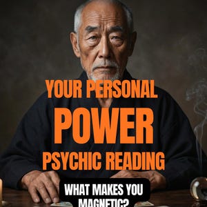 Peut inclure: Une personne âgée aux cheveux et à la barbe gris, vêtue d'un vêtement noir, est assise à une table avec des cartes de tarot. Le texte indique : YOUR PERSONAL POWER PSYCHIC READING WHAT MAKES YOU MAGNETIC ? Une petite boule de cristal est visible.
