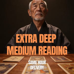 May include: An older Asian man in a dark robe with the text "EXTRA DEEP MEDIUM READING" and "SAME HOUR DELIVERY". Tarot cards are laid out on a wooden table.