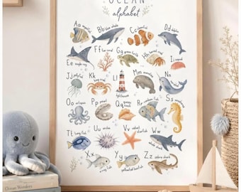 May include: A vertical rectangular poster titled OCEAN alphabet featuring watercolor illustrations of marine life for each letter from A to Z, including an angelfish, blue whale, clownfish, dolphin, and others, with the text frame not included.