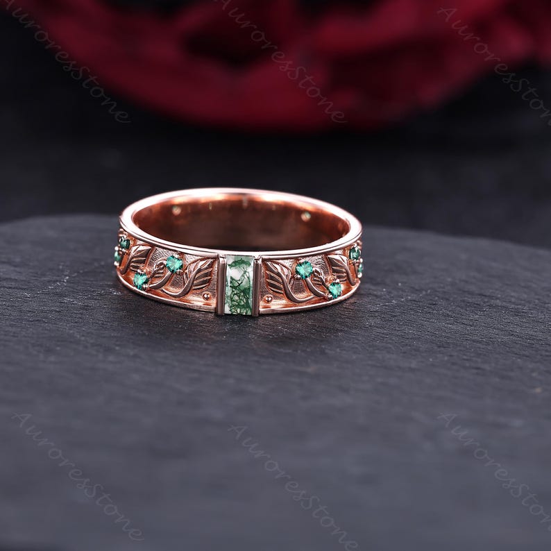 Vintage Moss Agate & Emerald Rings Set, 14K Rose Gold Couple Wedding ...