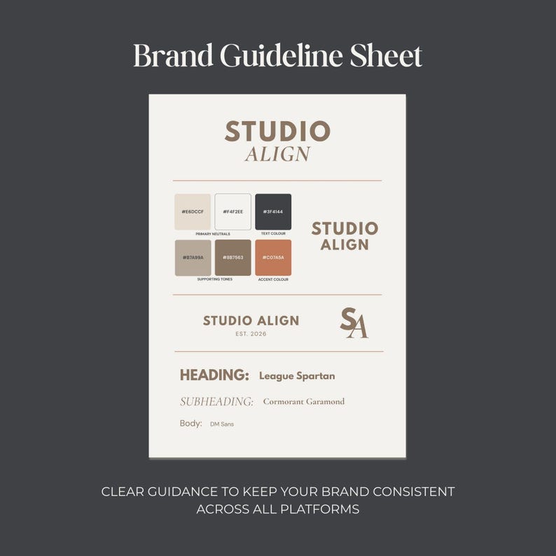 May include: A brand guideline sheet with the text "STUDIO ALIGN" in a serif font. The sheet includes color swatches, font examples, and the text "CLEAR GUIDANCE TO KEEP YOUR BRAND CONSISTENT ACROSS ALL PLATFORMS."
