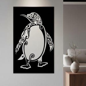 May include: A black and white wall art piece featuring a stylized penguin design. The penguin is depicted with intricate, swirling patterns, creating a decorative and artistic aesthetic. The artwork is framed and mounted on a wall.