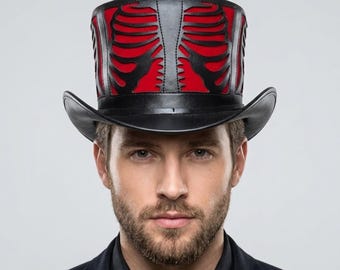 Skeleton Gothic Top Hat Steampunk Halloween Cosplay Black Red Festival Handmade Costume Accessory