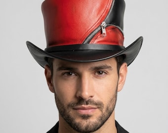 Red Steampunk Top Hat Zipper Gothic Festival Handmade Leather Punk Victorian Accessory