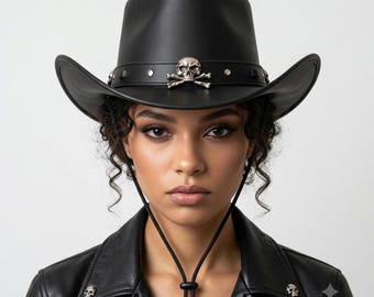 Cowboyhut aus Leder mit silbernem Schädel Crossbones Band, Handgefertigter Gothic Bikerhut