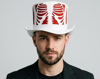 Skeleton Steampunk Top Hat Gothic Festival Cosplay White Leather Halloween Costume Handmade Fashion Accessory