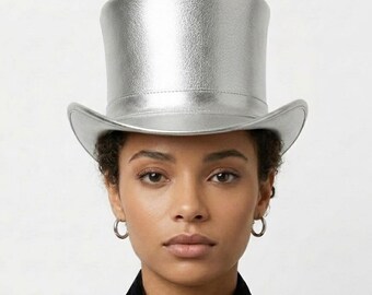 Handmade Metallic Silver Leather Top Hat, Disco Festival Party Hat
