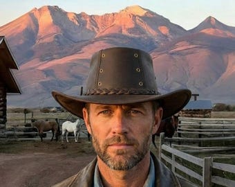 Dark Leather Cowboy Hat, Braided Band Brass Eyelets, Handmade Outback Western Hat
