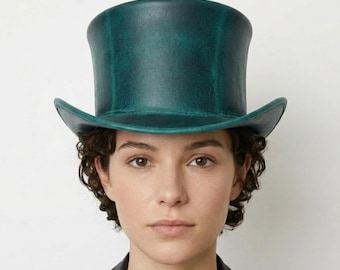 Emerald Green Leather Top Hat, Distressed Steampunk Victorian, Handmade Gothic Hat