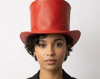 Genuine Red Leather Top Hat, Handmade Magician Statement Hat