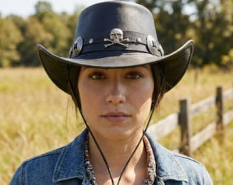 Skull Leather Cowboy Hat Gothic Western Style Biker Festival Statement Accessory Handmade Hat