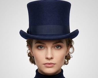 Navy Blue Wool Felt Top Hat, Handmade Victorian Wedding Hat, Grosgrain Band, Unisex