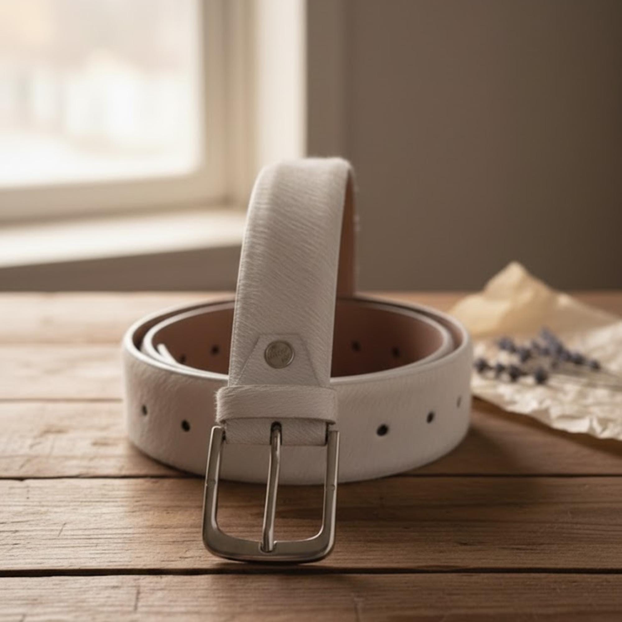 White Leather Full Grain Cream Dress Belt With Silver Buckle  display picture 1