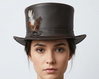 Leather Top Hat with Feather, Brown Steampunk Victorian, Handmade Gothic Hat