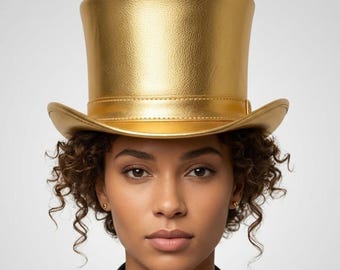 Gold Metallic Leder Zylinder, Handgemachter Disco Festival Party Hut